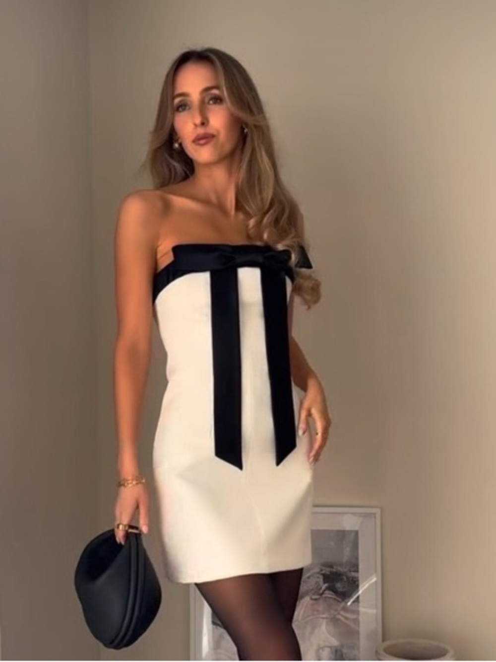 Zara Oyster White Strapless Black Bow Mini Dress